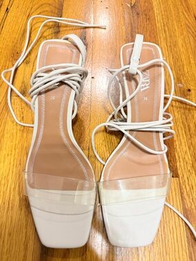 ZARA White Clear-Strap Lace-Up Heeled Sandals
